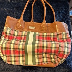 Tommy Hilfiger Brown Leather Plaid Tote with Red and Green Stripe